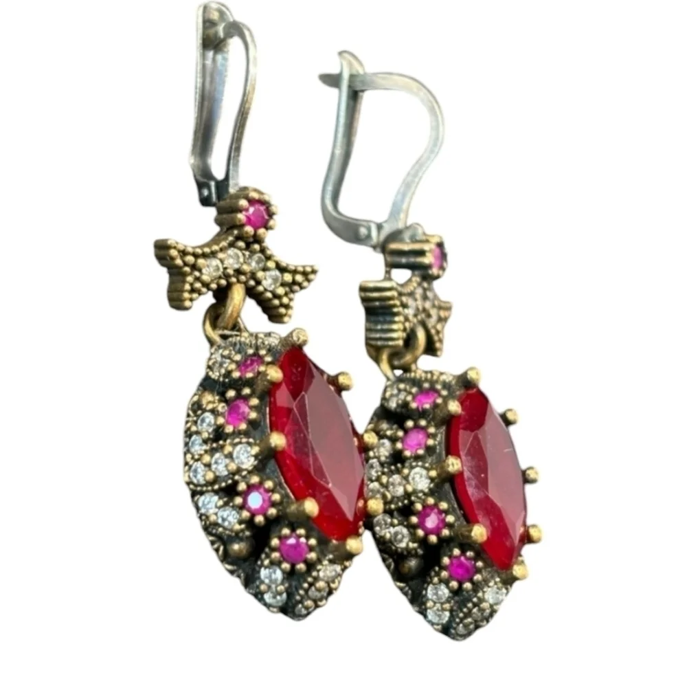 Vintage Turkish Ruby 925 Silver Almond Shaped CZ Embellished Earrings